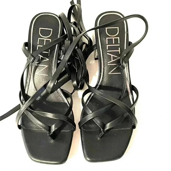 Deltan Size 6M Fawn Ankle Wrap Strappy Block Heel Thong Dress Sandals Black NEW - Picture 6 of 12